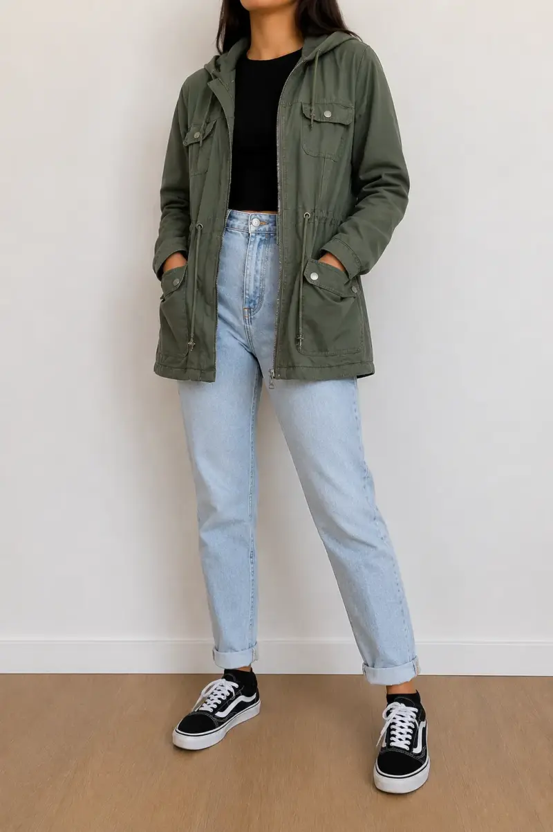 Parka verde militar con capucha para mujer - 1