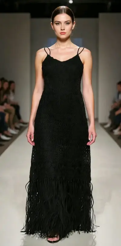 Vestido fino de Hilo negro con flecos exclusivo - miniatura 1