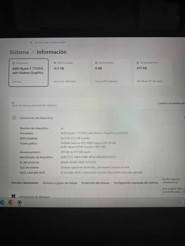 Laptop ASUS TUF Gaming A15 Ryzen7 RTX4060 16GB RAM - 3
