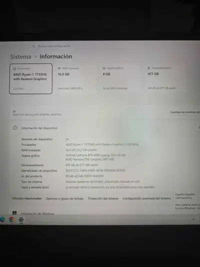 Laptop ASUS TUF Gaming A15 Ryzen7 RTX4060 16GB RAM - miniatura 3