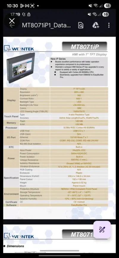 Pantalla HMI Weintek MT8071iP 7 pulgadas - miniatura 3