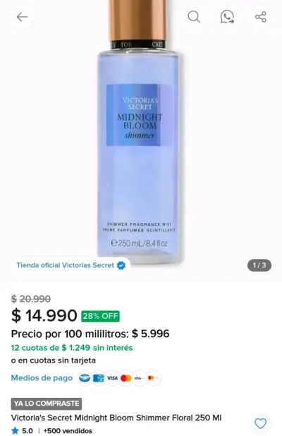 Body Mist Victoria's Secret Midnight Bloom Shimmer - miniatura 3