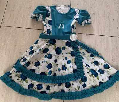 Vestido infantil floral azul con volantes - miniatura 1