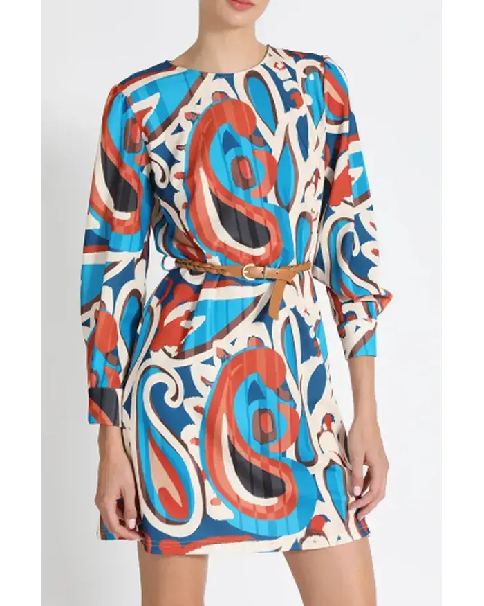 Vestido Recto con Cinturón, Estampado Azul Liolá - 2