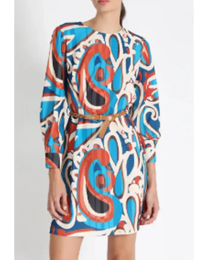 Vestido Recto con Cinturón, Estampado Azul Liolá - 3