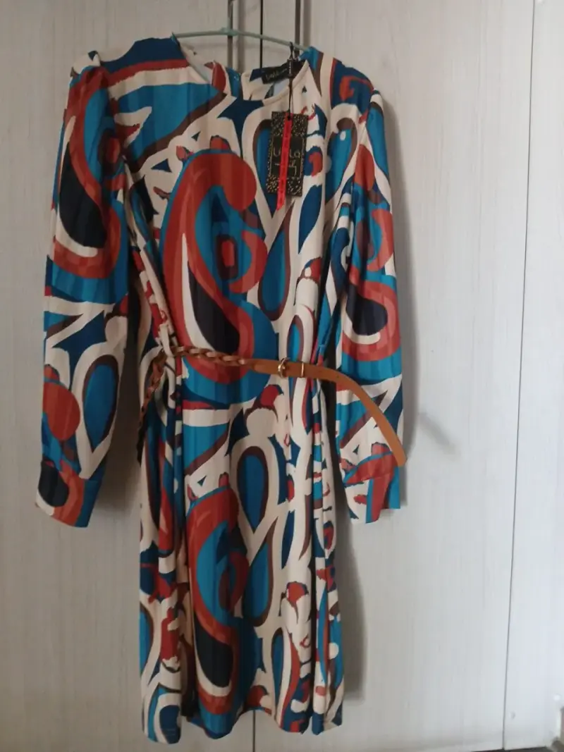 Vestido Recto con Cinturón, Estampado Azul Liolá - 4