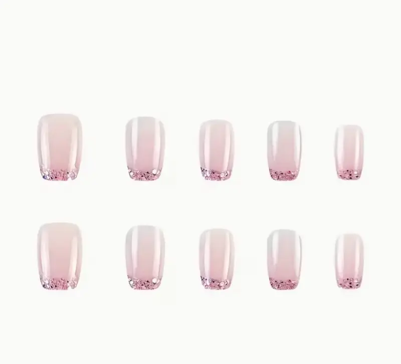 Uñas postizas cortas con glitter rosa - 4