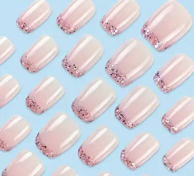 Uñas postizas cortas con glitter rosa - miniatura 5