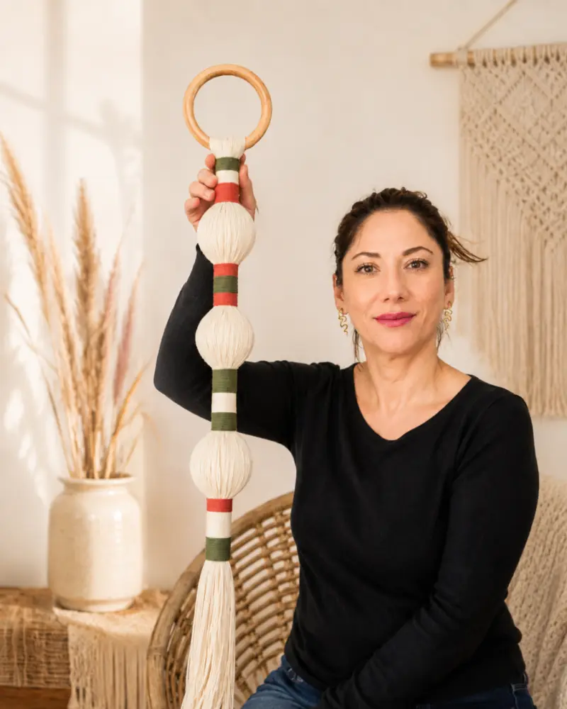 Colgante decorativo de macramé con aros de madera - 1