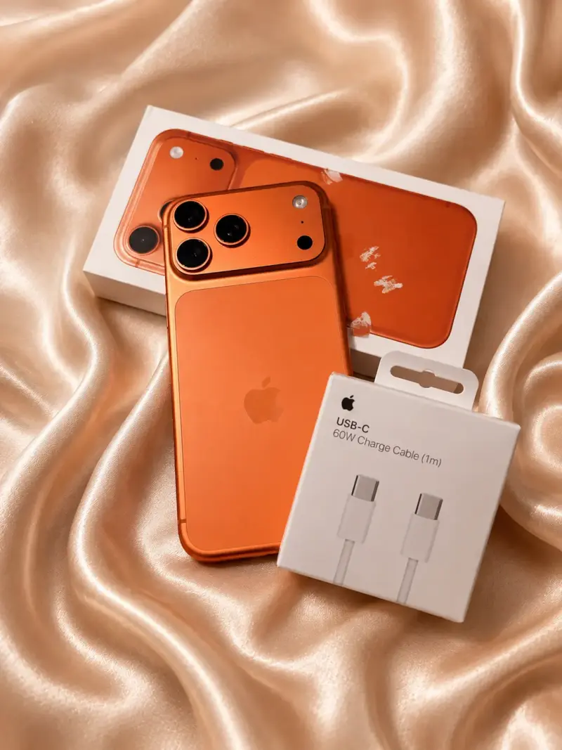 iPhone naranja con caja y cable USB-C