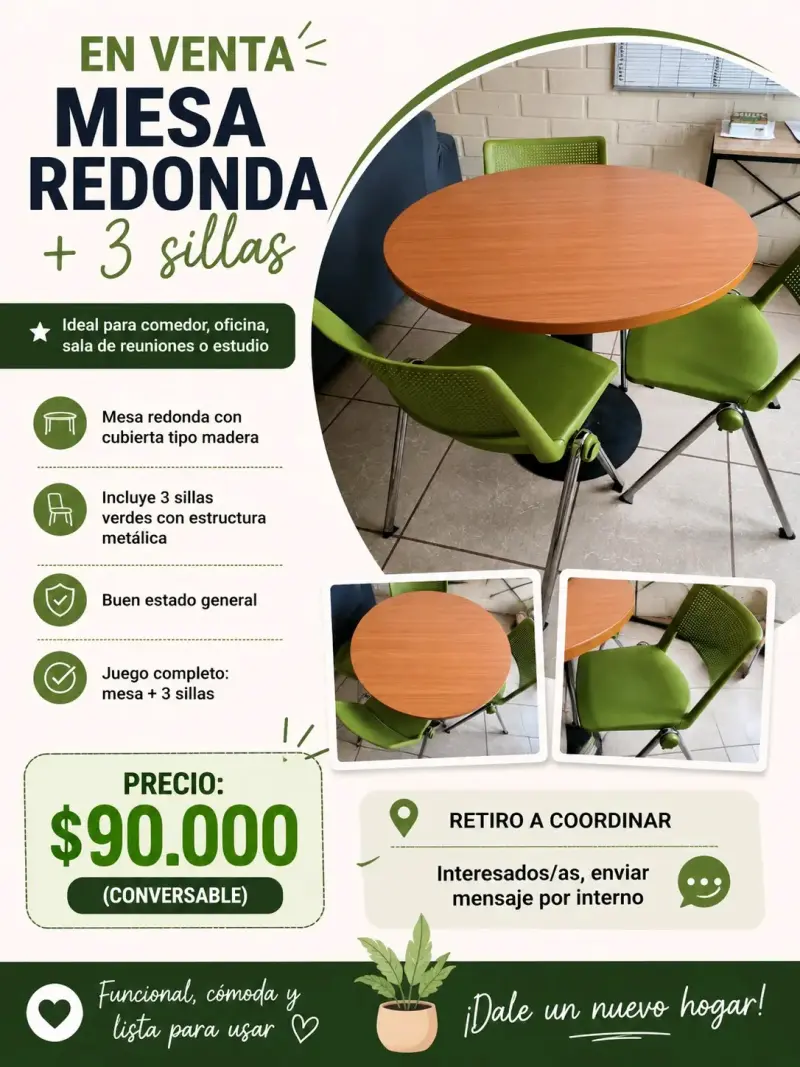 Mesa redonda con 3 sillas verdes - 2