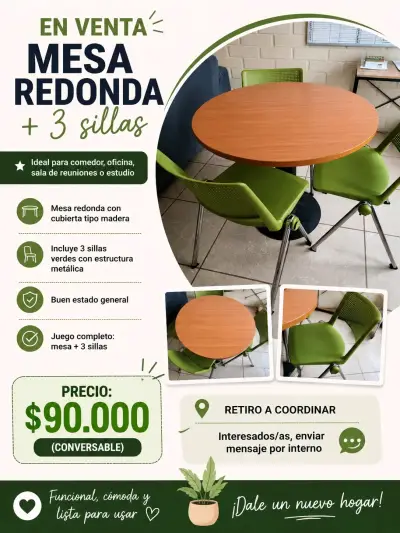 Mesa redonda con 3 sillas verdes - miniatura 2