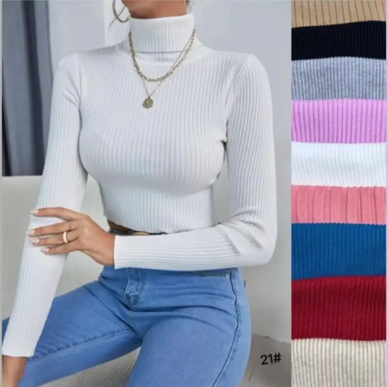 Polera de cuello alto acanalada para mujer
