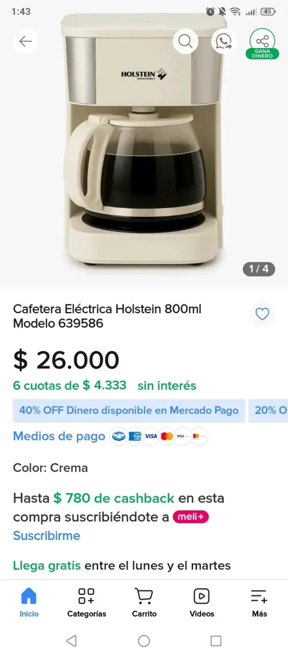 Cafetera Eléctrica Holstein 800ml Crema - 1