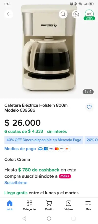 Cafetera Eléctrica Holstein 800ml Crema - miniatura 1