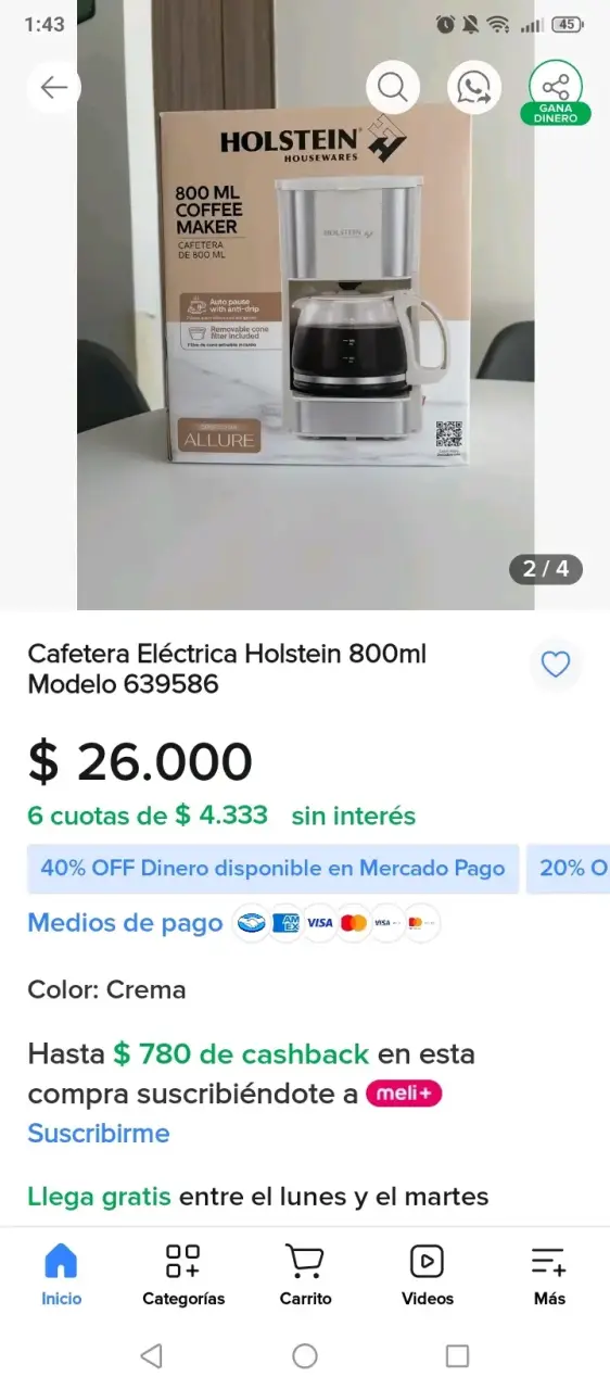 Cafetera Eléctrica Holstein 800ml Crema - 2