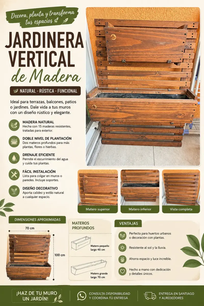 Jardinera Vertical de Madera Natural Rústica