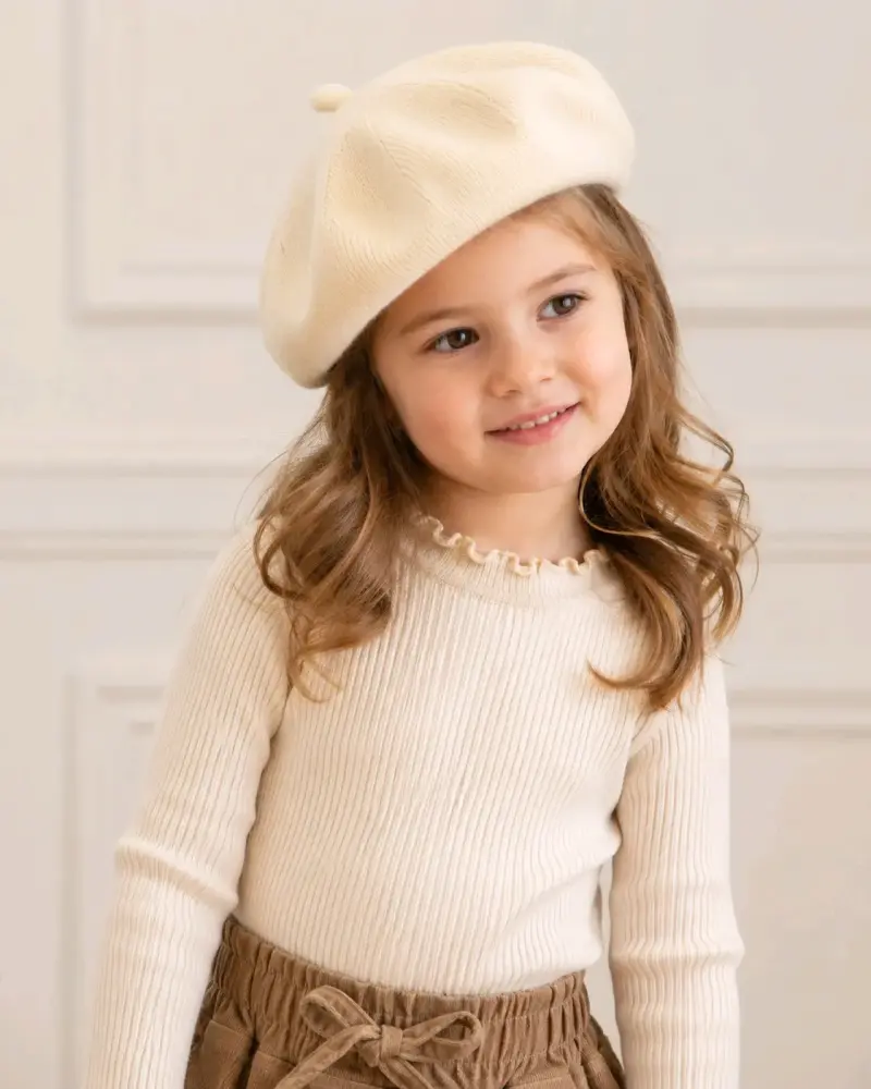 Boina de lana roja y beige para niña menor de 6 añ - 1