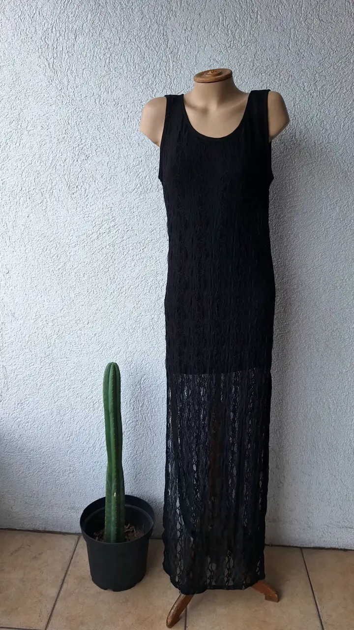 Vestido largo negro de encaje talla M - 1