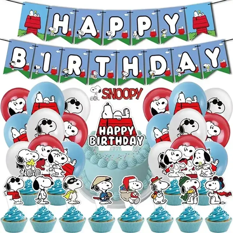 Decoración de cumpleaños Snoopy con globos y banderines - 4