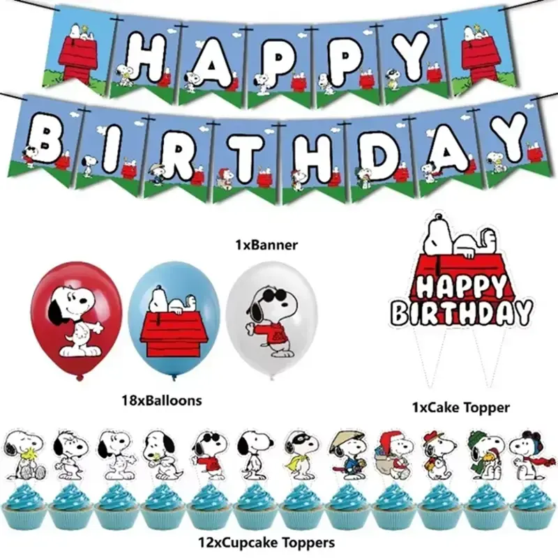 Decoración de cumpleaños Snoopy con globos y banderines - 5