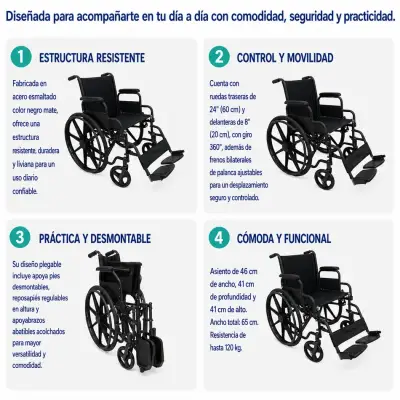 Silla de Ruedas Plegable Negra Resistente - miniatura 3