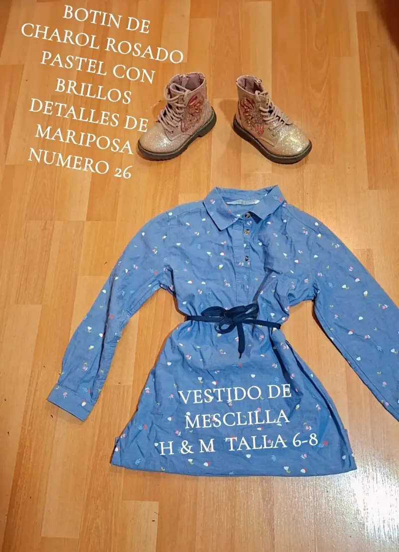 Vestido de mezclilla H&M talla 6-8 y botines rosados con brillos