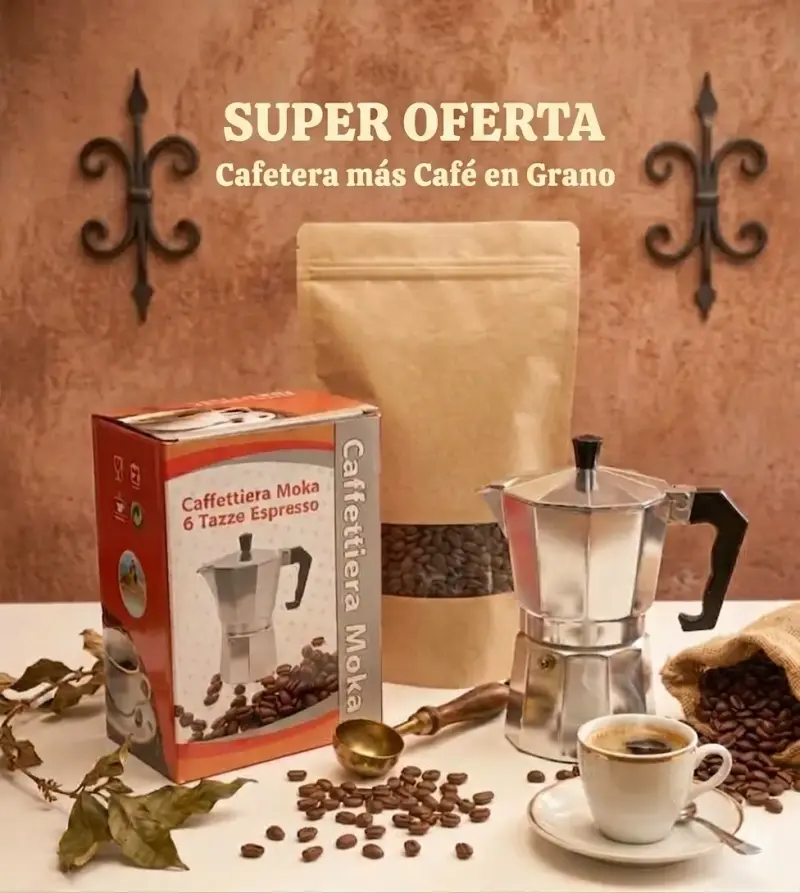 Cafetera Moka 6 Tacitas con Café en Grano
