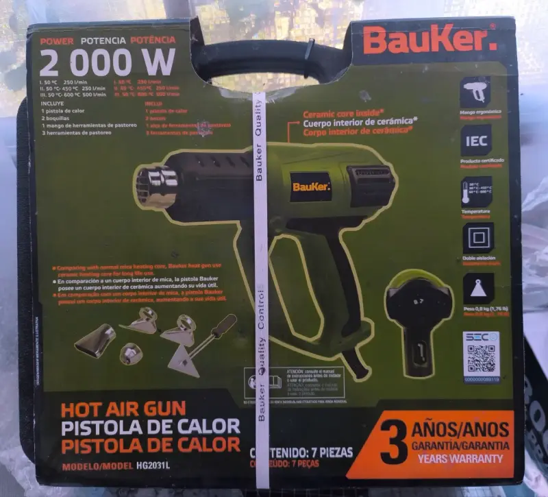 Pistola de Calor Bauker 2000W con Accesorios