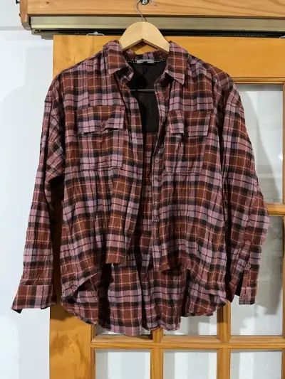 Camisa de franela a cuadros marrón y rosa para mujer - miniatura 1