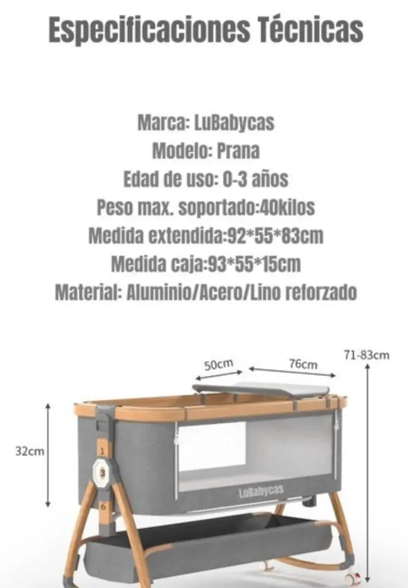 Cuna colecho 3 en 1 LuBabycas Prana con mosquitero - 6