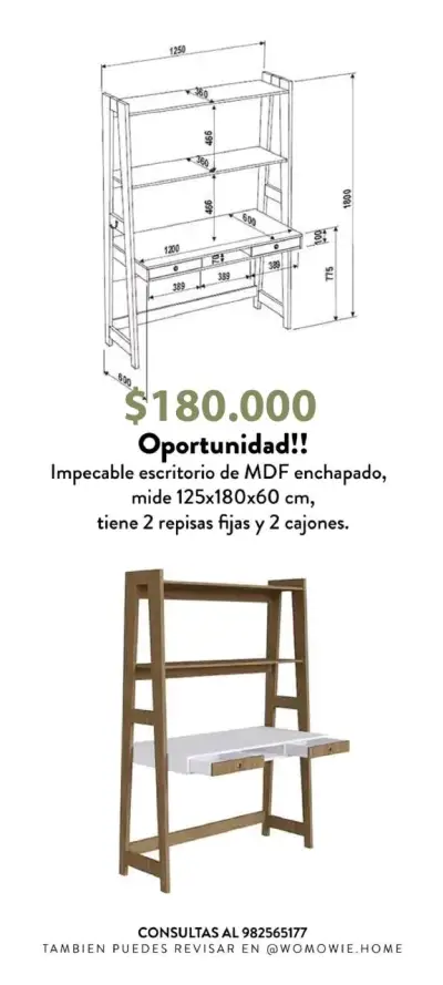 Escritorio de MDF con repisas y cajones - miniatura 1