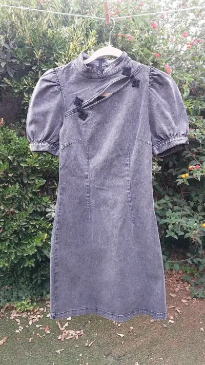 Vestido qipao jeans gris estilo oriental - miniatura 1