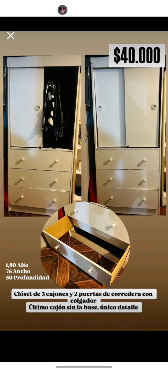 Clóset blanco de 3 cajones y 2 puertas corredizas