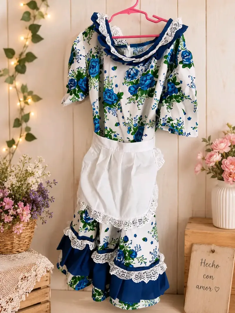 Vestido Folclórico Infantil con Flores Azules