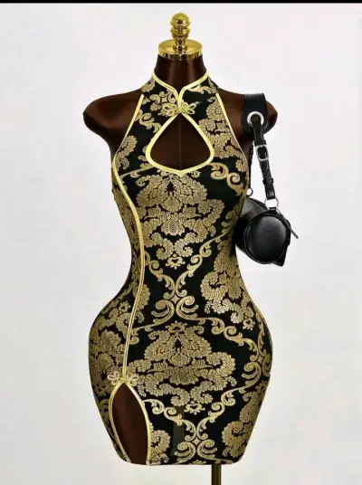 Vestido ajustado negro con dorado estilo oriental - miniatura 1