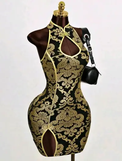 Vestido ajustado negro con dorado estilo oriental - miniatura 3