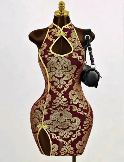 Vestido ajustado negro con dorado estilo oriental - miniatura 6