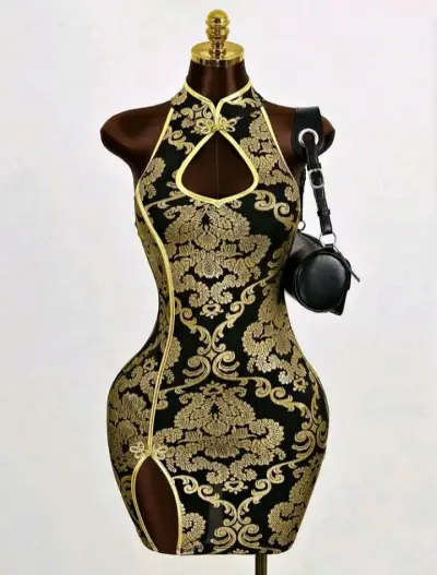 Vestido oriental negro y dorado con diseño floral - miniatura 3
