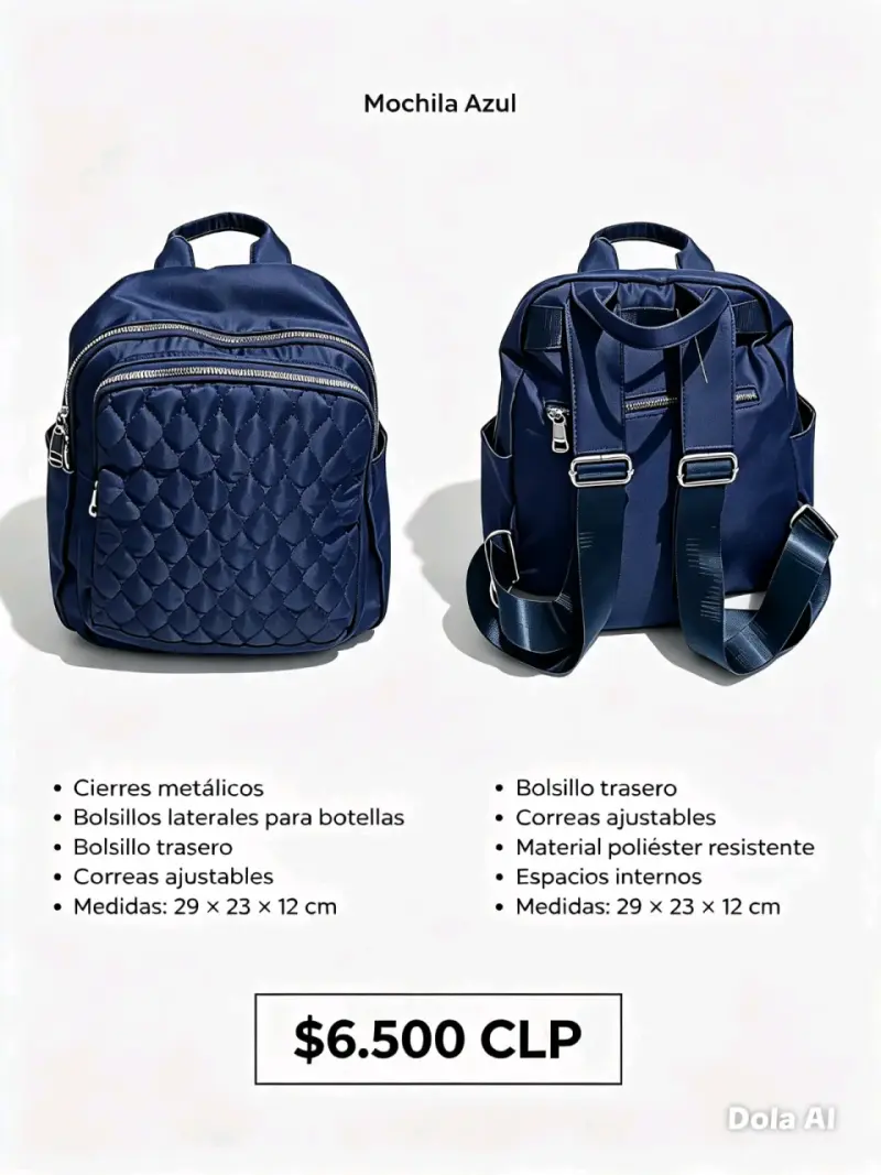 Mochila azul con cierres metálicos y bolsillos