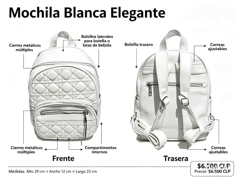 Mochila blanca elegante con múltiples compartimentos