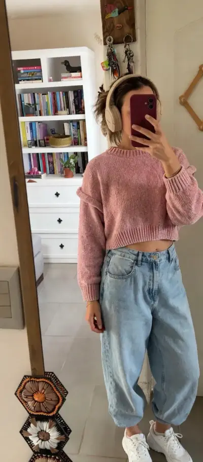 Sweater de chenilla rosado para mujer talla L - miniatura 2