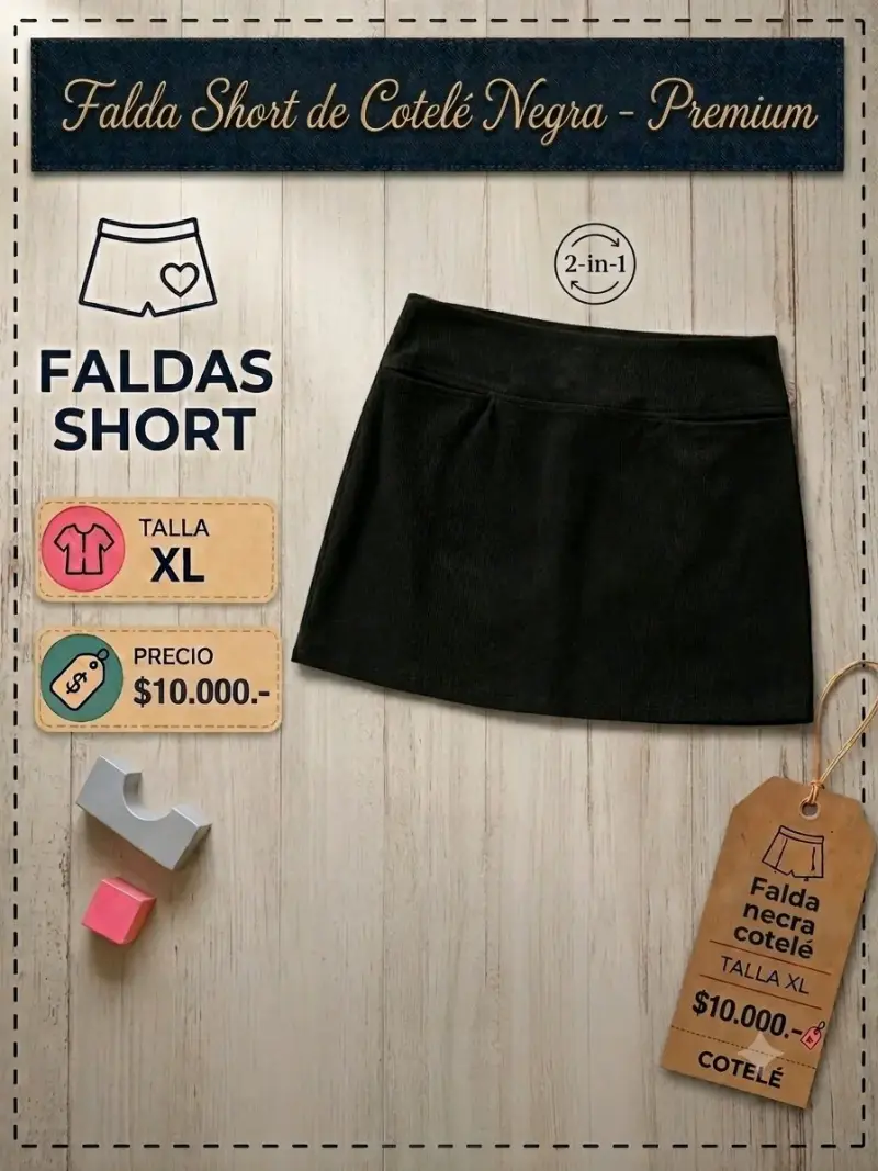 Falda Short de Cotelé Negra Talla XL - 1