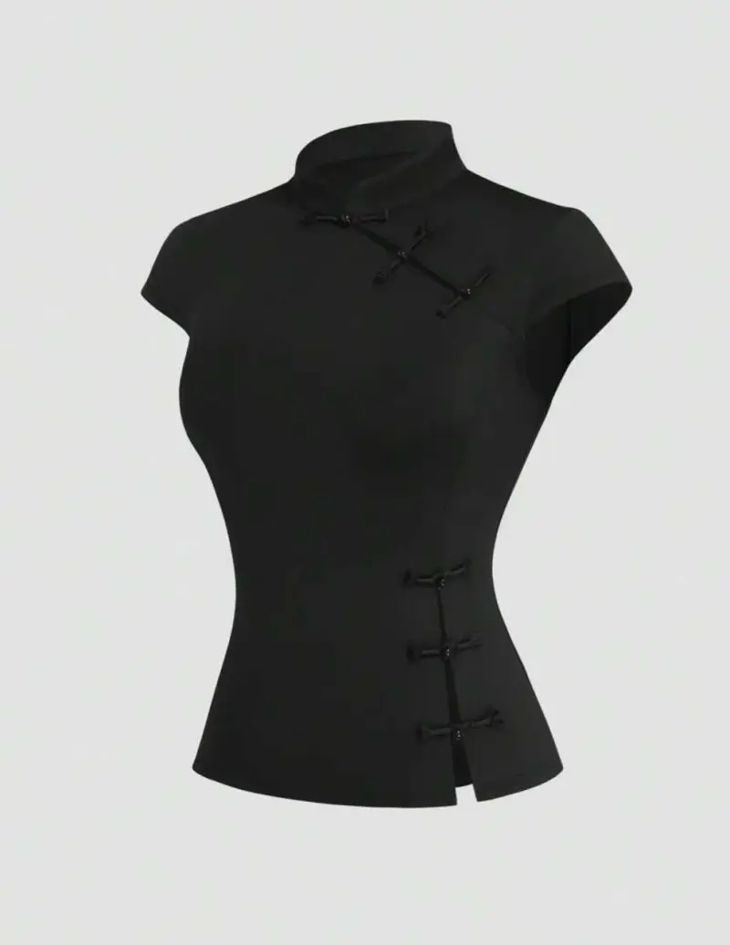 Blusa Negra Estilo Chino con Cierres