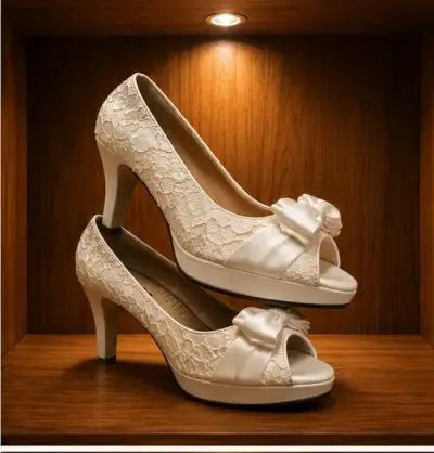 Zapatos de novia con encaje y lazo blanco - miniatura 1