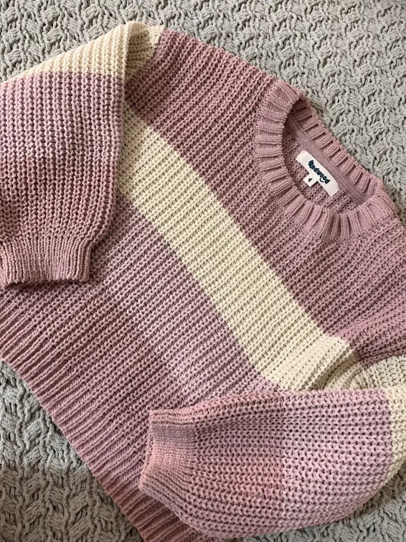 Suéter de punto a rayas rosa y crema para niña - 1