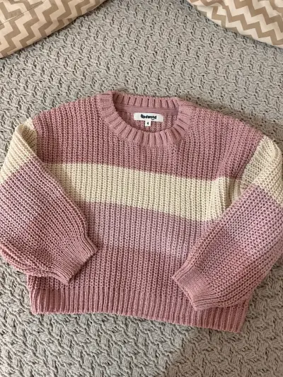 Suéter de punto a rayas rosa y crema para niña - miniatura 3