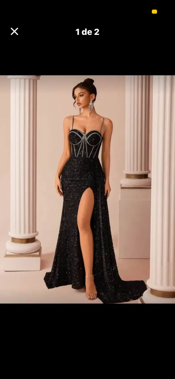 Vestido de noche negro con lentejuelas y abertura - 1