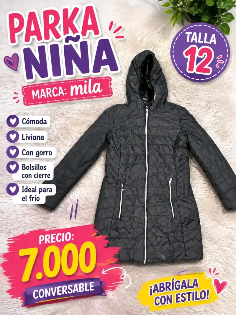 Parka para niña negra con gorro talla 12