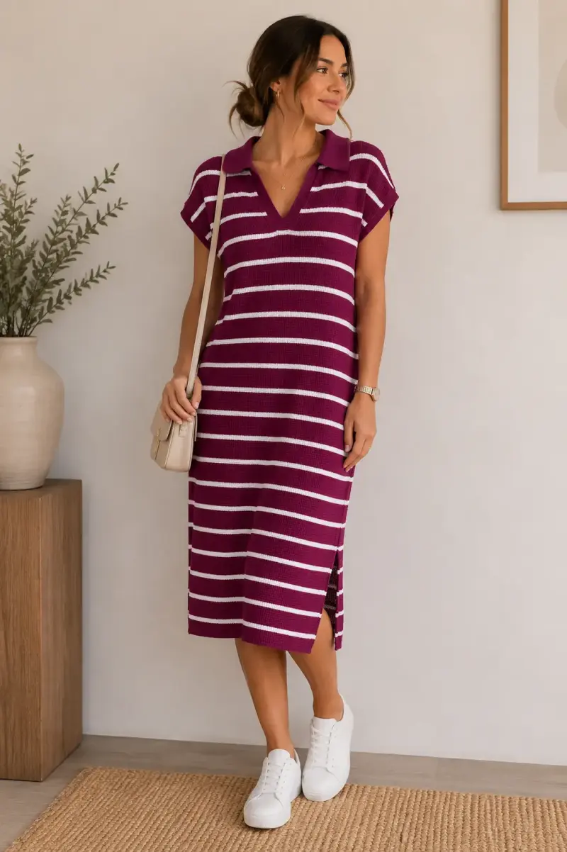 Vestido de punto a rayas fucsia y blanco - 1